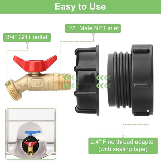 275-330 Gallon IBC Tote Tank Adapter - 2.44" Fine Thread, 1/2" NPT ร 3/4" GHT Male Fittings with Garden Hose Quick Connector