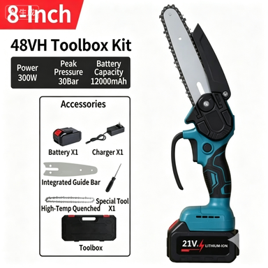 2 Battery 6-8 Mini Cordless Chainsaw Electric One-Hand Saw Wood Cutter
