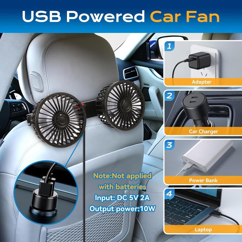 🌞Summer Sale 50% OFF🔥Dual Head USB Car Seat Fan, 3-Speed 360° Rotatable