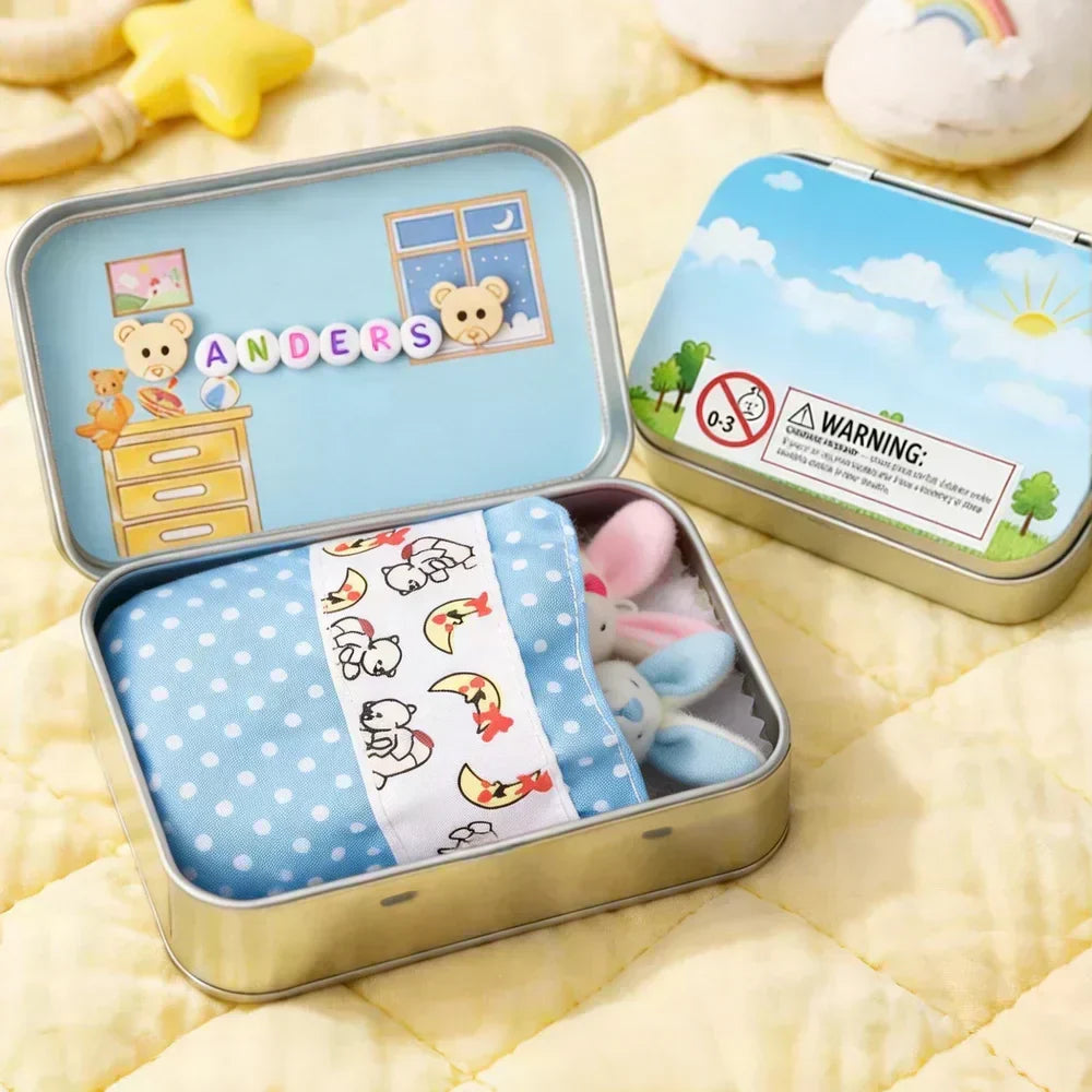 💎 50% OFF! 💎 Bunny Mummy & Baby Plush Pocket Tin – Handmade Easter Collectible with Cozy Blanket (Pink/Blue Ears) 🐇🎁