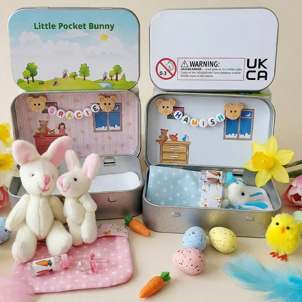 💎 50% OFF! 💎 Bunny Mummy & Baby Plush Pocket Tin – Handmade Easter Collectible with Cozy Blanket (Pink/Blue Ears) 🐇🎁