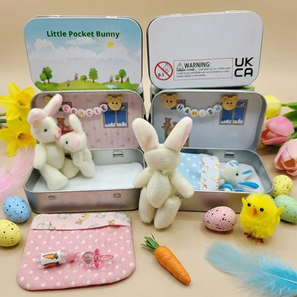 💎 50% OFF! 💎 Bunny Mummy & Baby Plush Pocket Tin – Handmade Easter Collectible with Cozy Blanket (Pink/Blue Ears) 🐇🎁