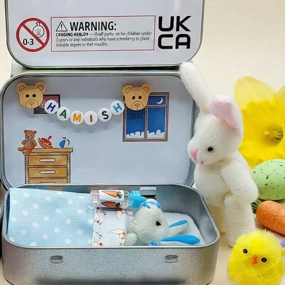 💎 50% OFF! 💎 Bunny Mummy & Baby Plush Pocket Tin – Handmade Easter Collectible with Cozy Blanket (Pink/Blue Ears) 🐇🎁