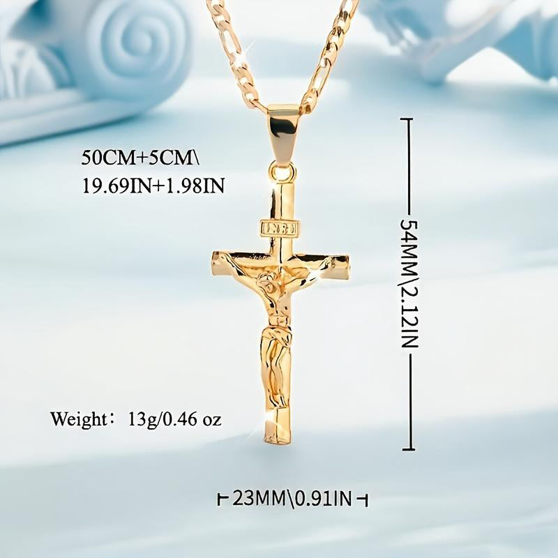 ✝️ 50% OFF NOW! ✨ Gold Crucifix Necklace – Detailed INRI Motif, Adjustable Figaro Chain & Hypoallergenic Finish 💛