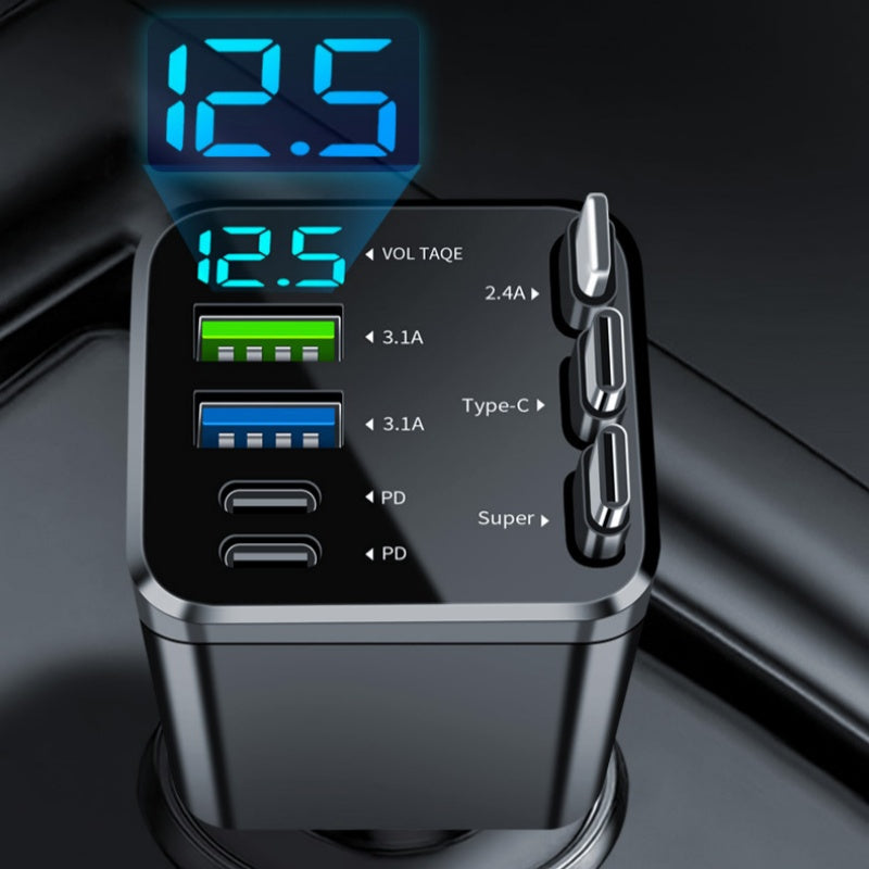 7-in-1 Retractable Fast Car Charger with Voltage Display