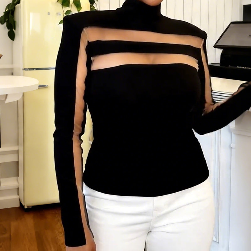 Sexy Mock Neck Top with Sheer Mesh Panel