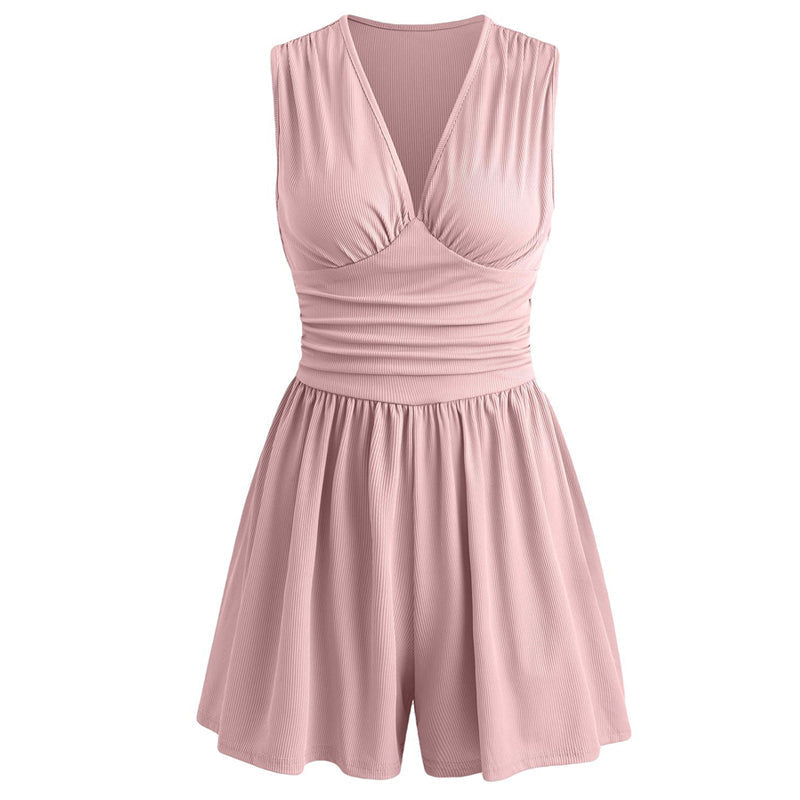 Women's Sleeveless V-Neck Ruched Waist Romper
