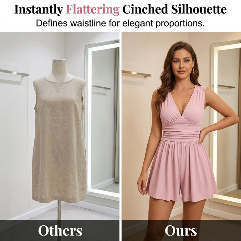 Women's Sleeveless V-Neck Ruched Waist Romper