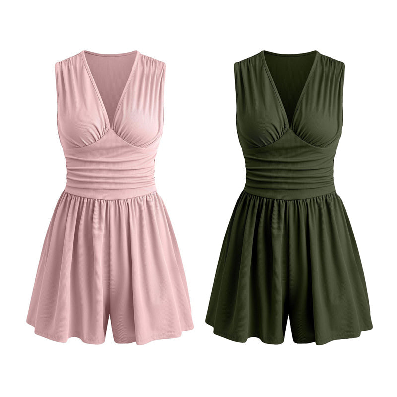 Women's Sleeveless V-Neck Ruched Waist Romper