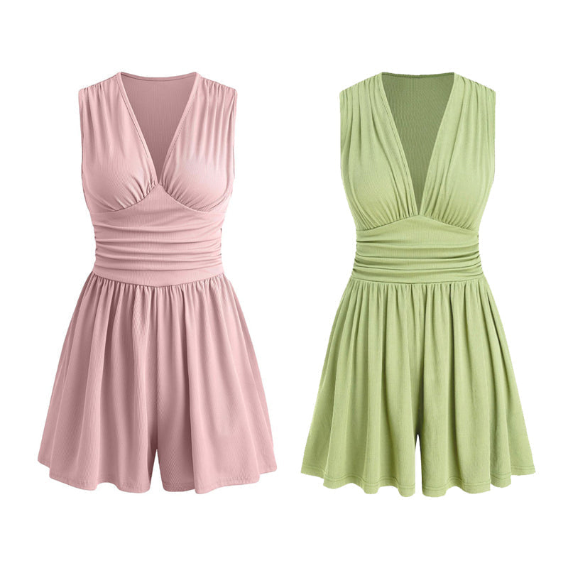 Women's Sleeveless V-Neck Ruched Waist Romper