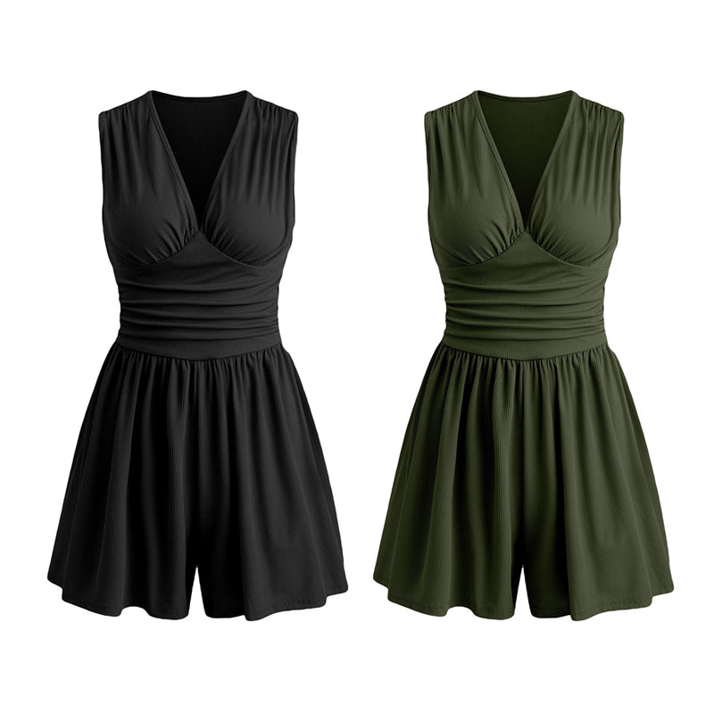 Women's Sleeveless V-Neck Ruched Waist Romper