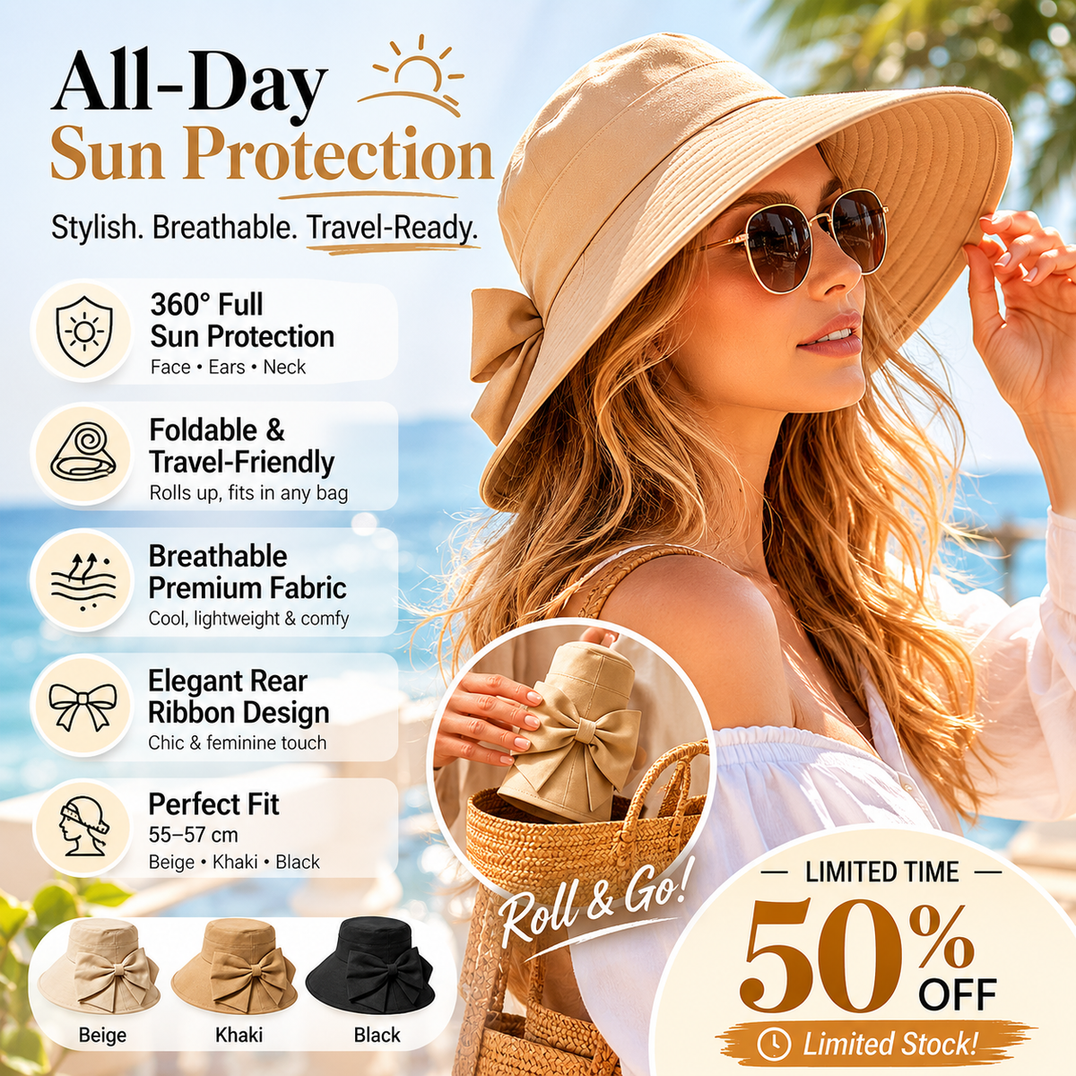 Limited stock ⏰️ Women's Bowknot Wide Brim Sun Protective Hat